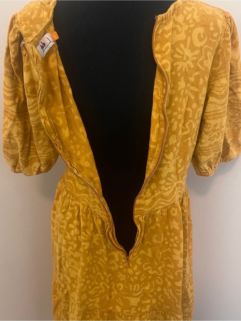 FabNu Mustard Yellow Cutout Midi Dress Puff Sleeve Boho Cottagecore Large Artsy - Picture 5 of 9